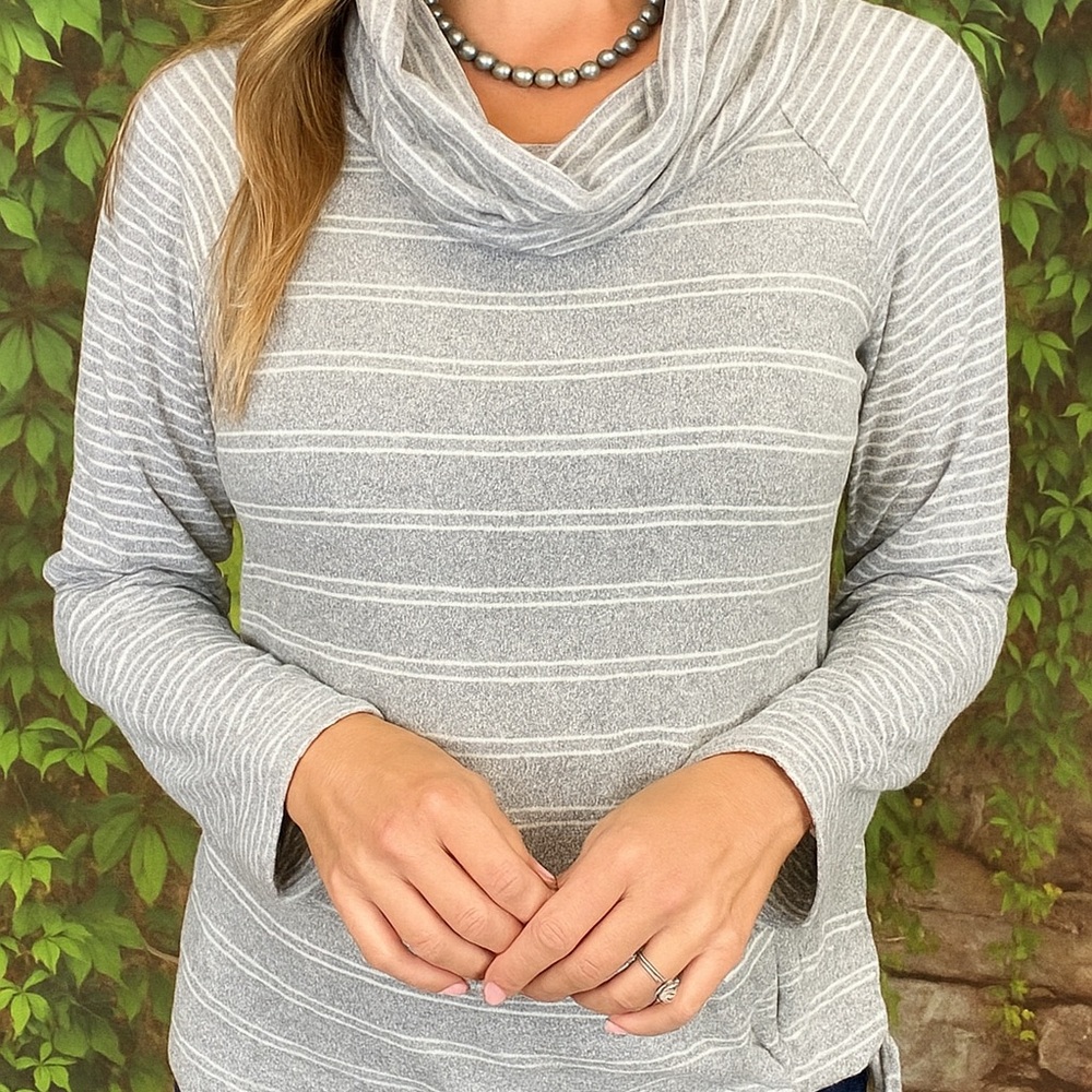 SUNDAY/ANTHROPOLOGIE Gray Lightweight Striped Cowl Neck Lightweight Sweater, S